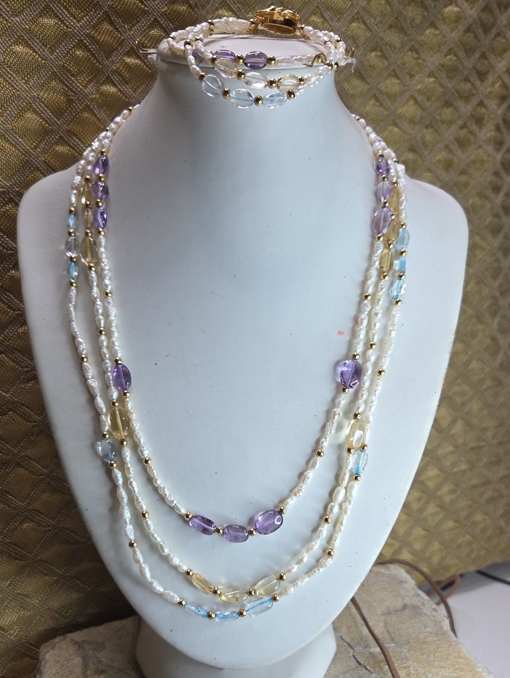 Multi strand Freshwater Pearl Necklace & Bracelet Gemstones Amethyst Citrine Aqu